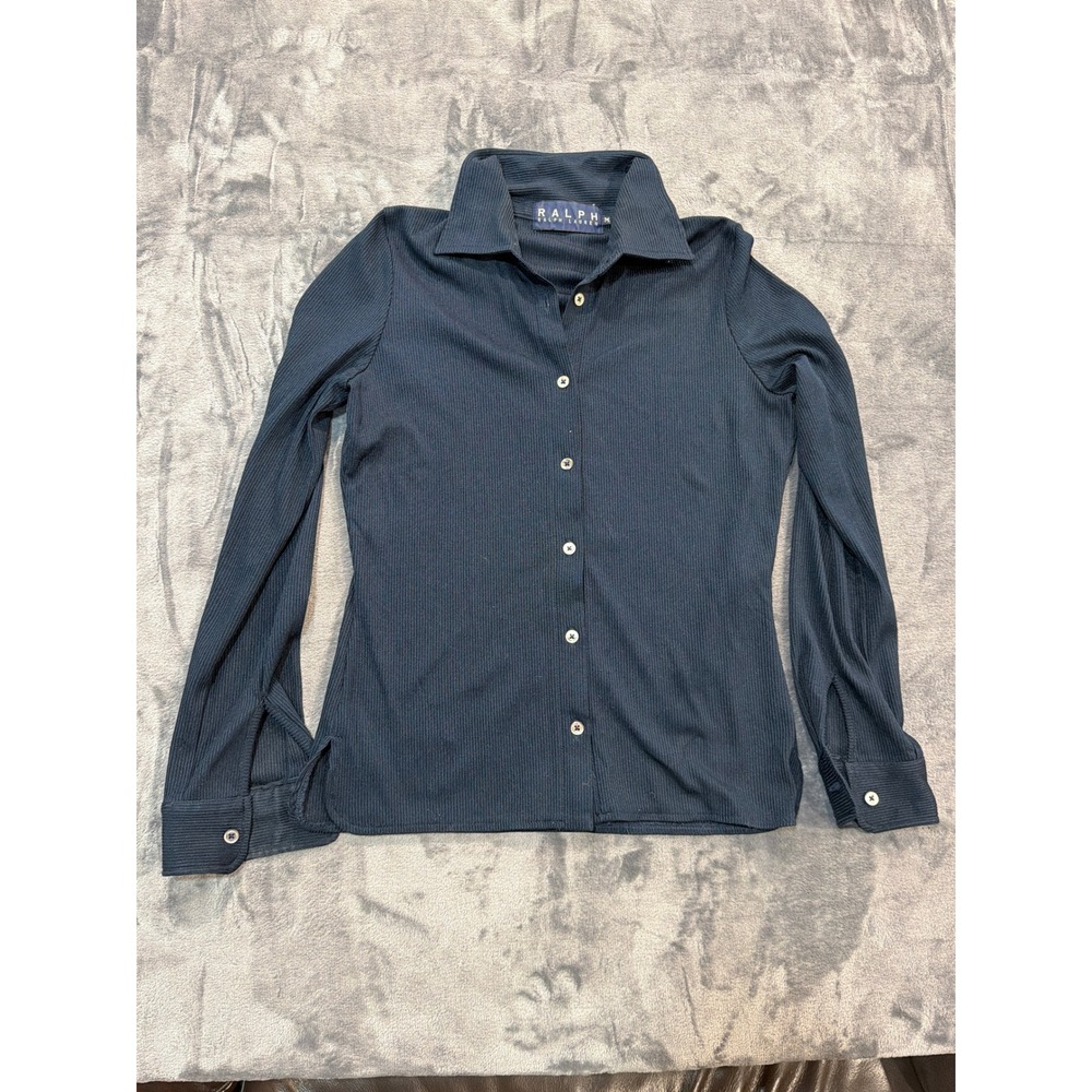Ralph Lauren Button Down Shirt Womens Navy Blue Ribbed Long Sleeve Size M